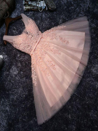 Princess V-neck Lace Appliques Beaded Homecoming Dresses, HD0354