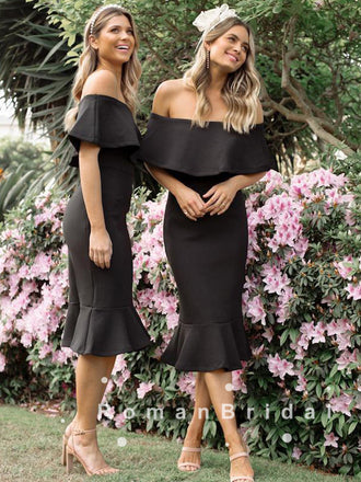 Mermaid Off The Shoulder Black Tea Length Bridesmaid Dresses With Ruffles,RBWG0001
