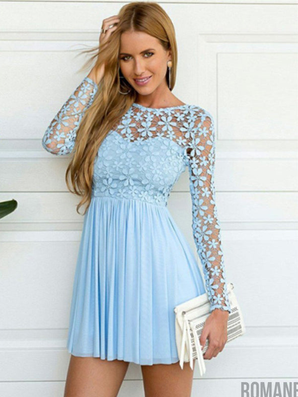New Arrival Lace Appliques Top Short Chiffon Long Sleeves Homecoming Dress, HD303