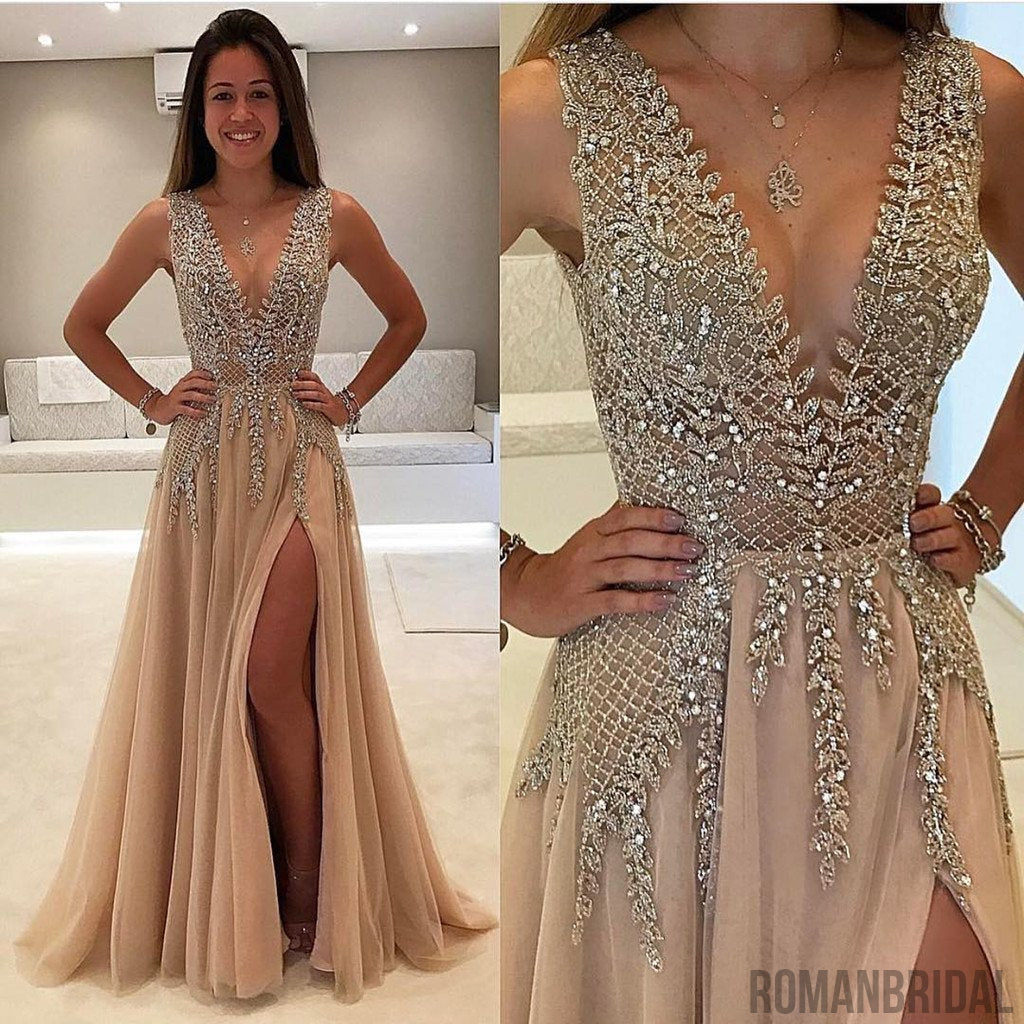 Charming A-Line Floor-Length V-Neck Backless Sexy unique beading Long prom dresses, PD0505