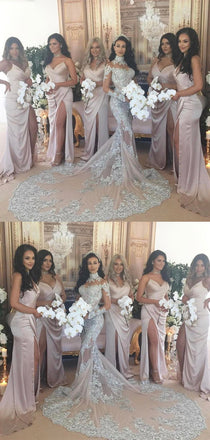 Sexy Spaghetti Straps Deep V-neck High split Long Bridesmaid Dresses, BD0462