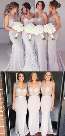 Mermaid V-Neck Backless Sweep Train Tulle Long Evening Prom Gowns, Bridesmaid Dress, BD0485