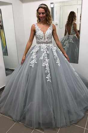 Grey Deep V-neck Tulle Appliques Beading Prom Dresses, PD0702
