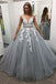 Grey Deep V-neck Tulle Appliques Beading Prom Dresses, PD0702