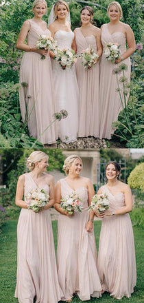 Floor-length One-shoulder sleeveless Chiffon Simple Bridesmaid Dresses with Pleats, BD0513