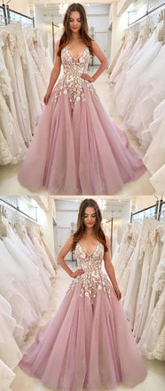 Newest V-Neck Appliques Sleeveless Pink Long Tulle Prom Dresses, PD0582