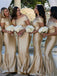 Mermaid Off-shoulder Gold Long Simple Bridesmaid Dress, BD0546
