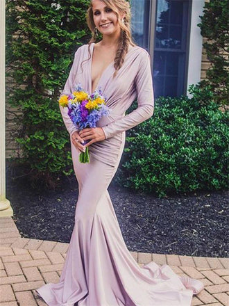 Mermaid Deep V-neck Long Sleeves Bridesmaid Dress With Pleats, BD0545