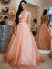 A-line Deep V-neck Long Tulle Sequins Backless Prom Dress PD0713