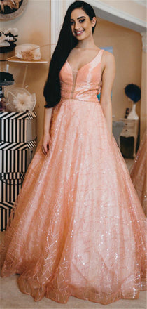 A-line Deep V-neck Long Tulle Sequins Backless Prom Dress PD0713