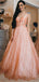 A-line Deep V-neck Long Tulle Sequins Backless Prom Dress PD0713