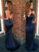 Spaghetti Straps Simple V-neck Navy Blue Prom Dresses, PD0757