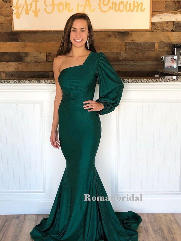 Mermaid One-shoulder Long Puff Sleeves Green Prom Dresses, PD0821 RomanBridal Mermaid One-shoulder Long Puff Sleeves Green Prom Dresses, PD0821 RomanBridal