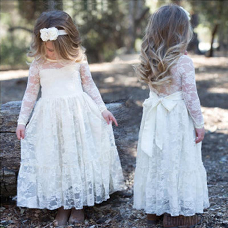 Long Sleeve See Through Cute Ivory Lace Flower Girl Dresses, FG047