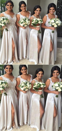 Newest A-line Floor-length Sexy Lace Appliques High Front Split bridesmaid dresses, BD0446