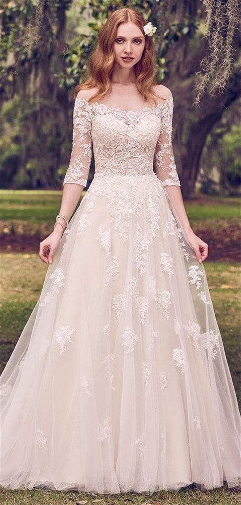 A-line Off-shoulder Half Sleeves Lace Appliques Wedding Dresses, WD0444