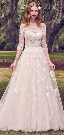 A-line Off-shoulder Half Sleeves Lace Appliques Wedding Dresses, WD0444