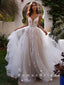 A-Line V-Neck Straps Tulle Long Wedding Dresses With Lace,RBWD0001