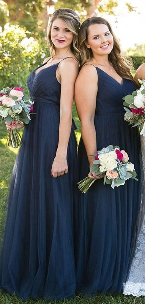 A-line Floor-length V-Neck Navy Blue Bridesmaid dresses With Pleats, BD0525