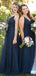 A-line Floor-length V-Neck Navy Blue Bridesmaid dresses With Pleats, BD0525