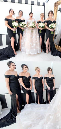 Mermaid Off-the-Shoulder Long Black side split Unique Long Bridesmaid Dress, BD0474