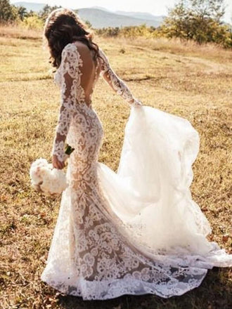 White Romantic Wedding Dresses, Long Appliques Backless Wedding Dresses Lace , WD0324