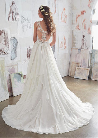 Amazing  Chiffon V-Neck A-Line Beaded Lace Appliques Wedding Dresses, WD0332