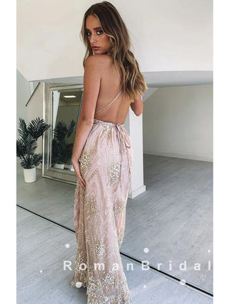 A-Line Deep V-Neck Spaghetti Straps Split Side Long Prom Dresses With Lace,RBPD0002