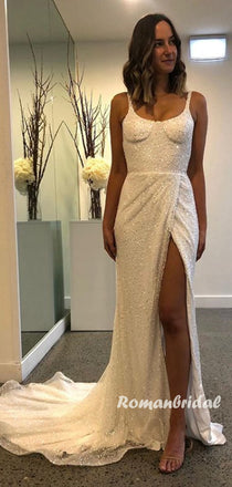 Elegant Spaghetti Straps Side Slit A-line Cheap Long Wedding Dresses Online,RBWD0032
