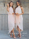 A-Line High Neck Sleeveless Side Slit Chiffon Tea Length Bridesmaid Dresses With Pleats,RBWG0002