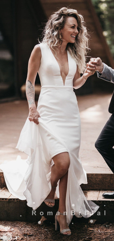 Sheath Deep V-Neck Sleeveless White Cheap Long Wedding Dresses Online,RBWD0020
