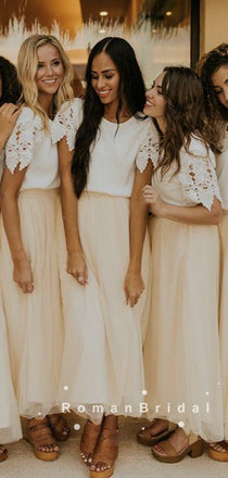 A-Line Round Neck Short Sleeves Tulle Two Piece Bridesmaid Dresses With Lace,RBWG0020