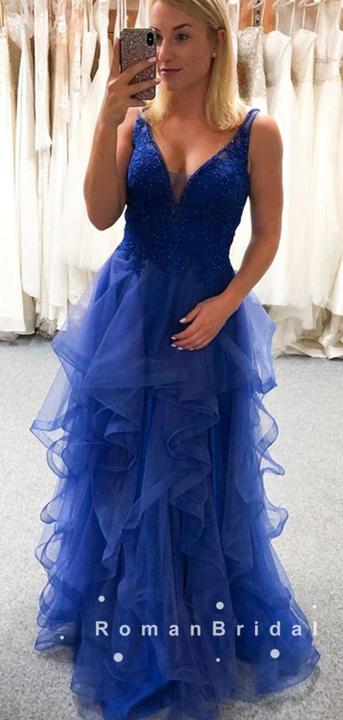 A-Line V-Neck Straps Sleeveless Tulle Long Prom Dresses With Lace,RBPD0020