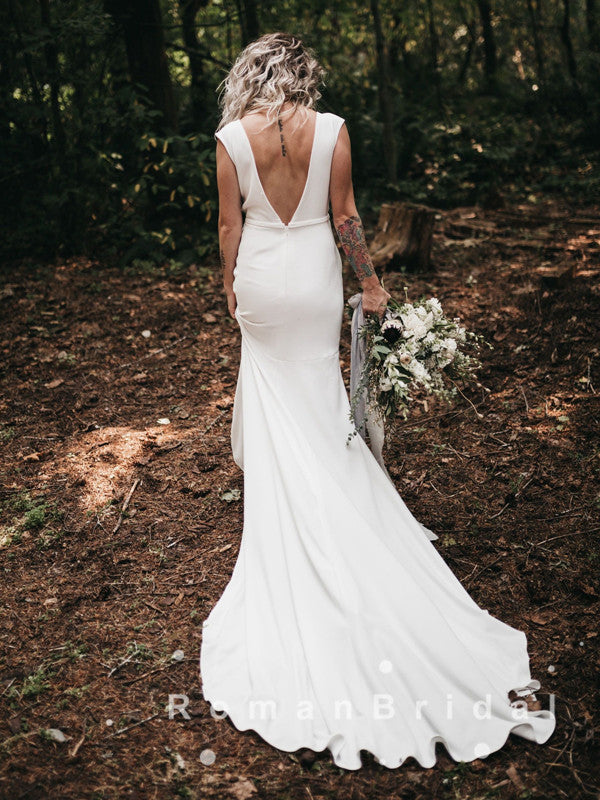 Sheath Deep V-Neck Sleeveless White Cheap Long Wedding Dresses Online,RBWD0020
