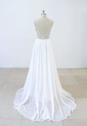 Deep V-neck Spaghetti Straps applique Backless chiffon Wedding Dresses with train, WD0366