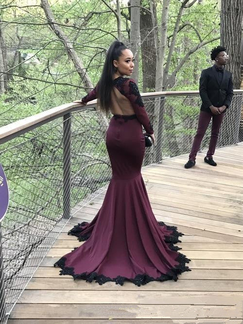 Mermaid Deep V-neck Long Sleeves Black Lace Prom Dress PD0710 RomanBridal Mermaid Deep V-neck Long Sleeves Black Lace Prom Dress PD0710 RomanBridal