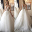 A Line Tulle Lace Applique Top Sexy Deep V-neck Open-back Wedding Dresses with train, WD0357