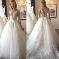 V-neck Lace Applique Tulle White Side Slit Wedding Dress with Long Sleeves  WD2459