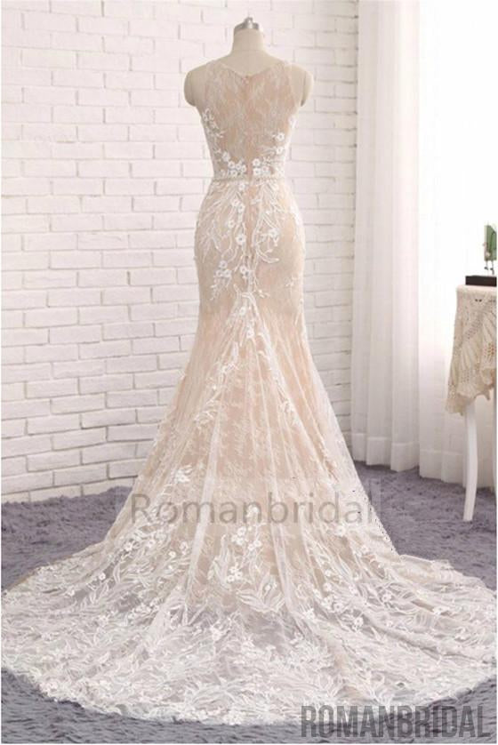Unique Mermaid White Sleeveless Prom Dress,Lace Long Sweep Train Wedding Dress, WD0305