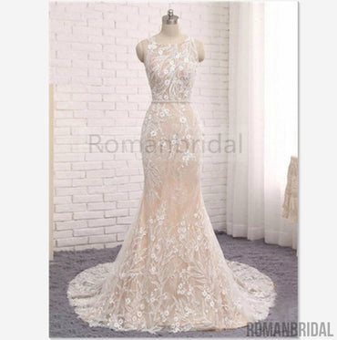 Unique Mermaid White Sleeveless Prom Dress,Lace Long Sweep Train Wedding Dress, WD0305