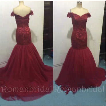 Amazing  Lace Tulle Long Backless Wine Red Mermaid Prom Dresses, Burgundy Tulle Off-the-Shoulder Mermaid Lace Prom Dresses , PD0490