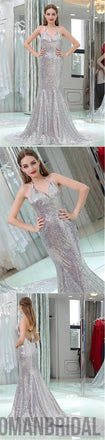Charming Silver Sequin Mermaid Sexy Popular Gorgeous V back Prom Dresses With Small Train, PD0297