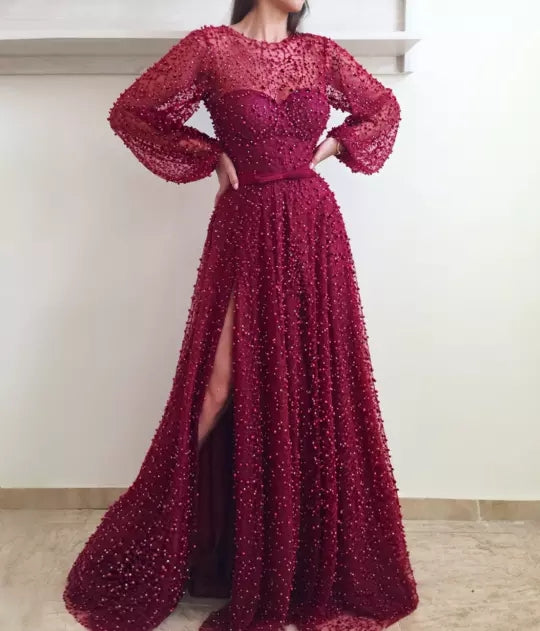 A-line Round Neck Long Sleeves Beading Prom Dresses With Split, PD0692