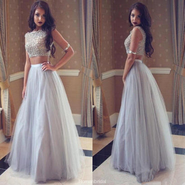 New Popular Two-Pieces Silver Tulle Party Gowns With Jewel,  Sleeveless Long Party Gowns, PD0534