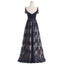 A-line Floor-length Navy Blue Beading Lace Tulle Prom Dresses, PD0693
