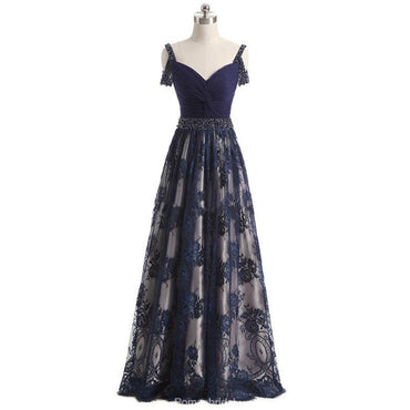 A-line Floor-length Navy Blue Beading Lace Tulle Prom Dresses, PD0693