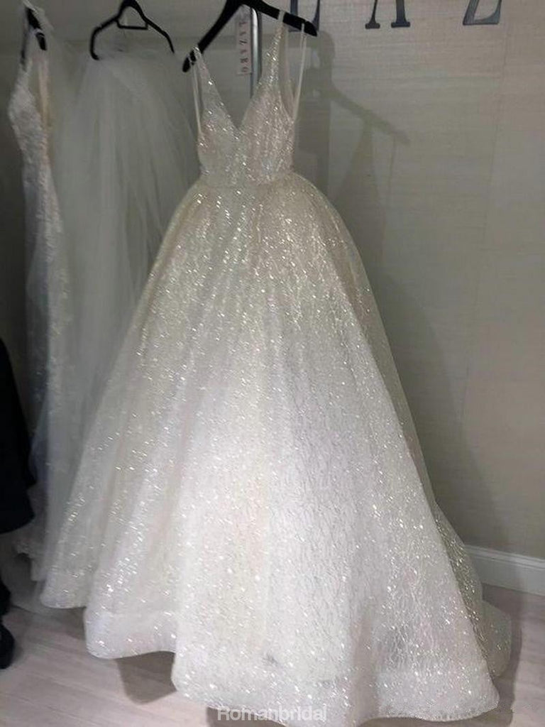 Sparkly Sequins A-Line V-back Popular Long Prom Dress, PD0616
