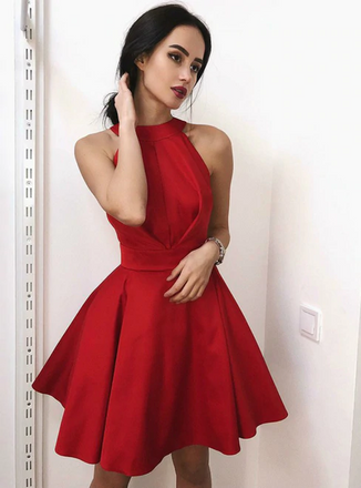 A-Line Red Sleeveless Halter Backless Pleats Short Homecoming Dress, HD0397