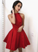 A-Line Red Sleeveless Halter Backless Pleats Short Homecoming Dress, HD0397