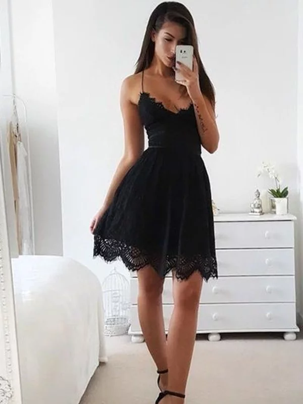 spaghetti strap black dress short A-Line Lace Spaghetti-Straps Black Short Homecoming Dress, Black / 00